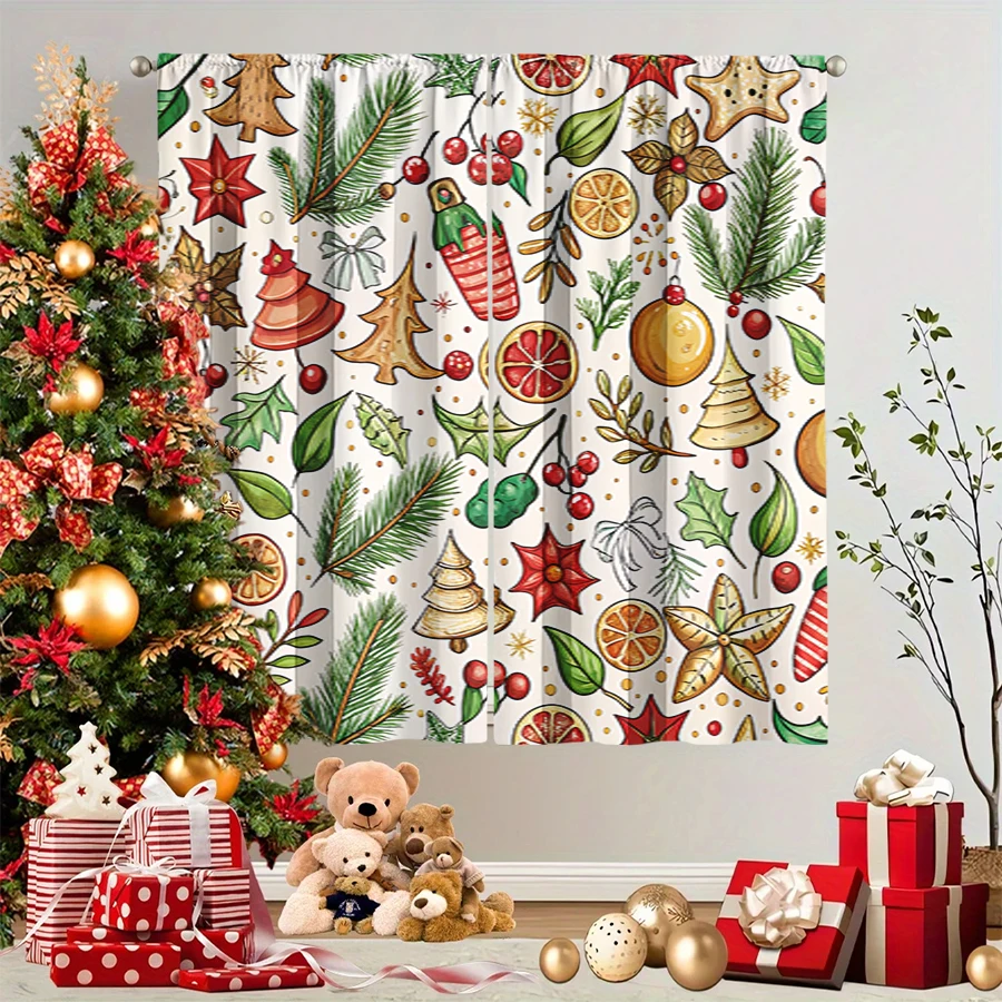 2PCS Christmas Winter Curtains, Hand Drawn Pine Orange Berry Candle Star, Digital Print, Bedroom Living Room, Home Decor