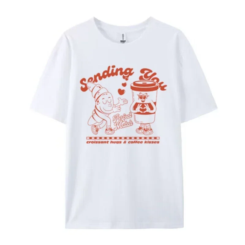 Carino Divertente Colazione Foodie Graphic Top Donna Anni '90 Retro Croissant Caffè Cartoon T-shirt Estetica unisex Amante del caffè Camicia