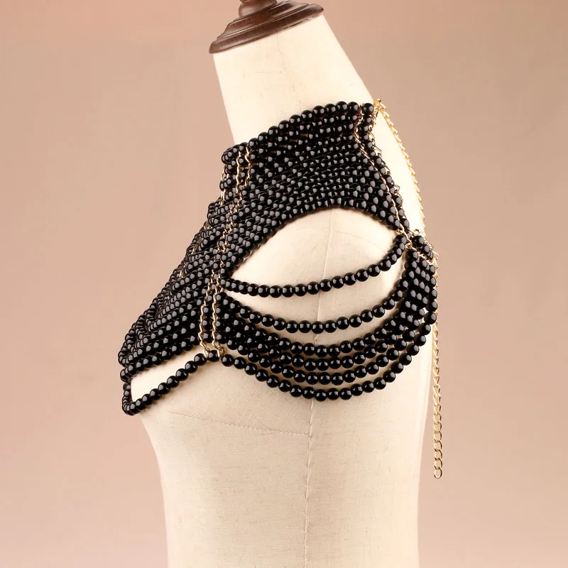 Women Black Pearl Shawls Pure Handmade Pearl shoulder Chain Tippet luxury design Cothing Ornaments Lady Cover Top  Party