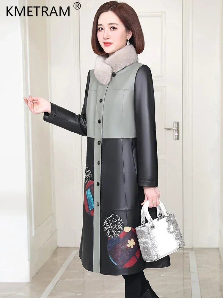 Echt Leder Jacke Frauen Echtem Schaffell Lange Unten Mäntel 2023 Herbst Winter Luxus Nerz Pelz Kragen Über Mantel Roupas Femininas