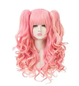 Lolita Clip on Two Ponytails Wavy Costume Cosplay Wig (Pink, Blonde)