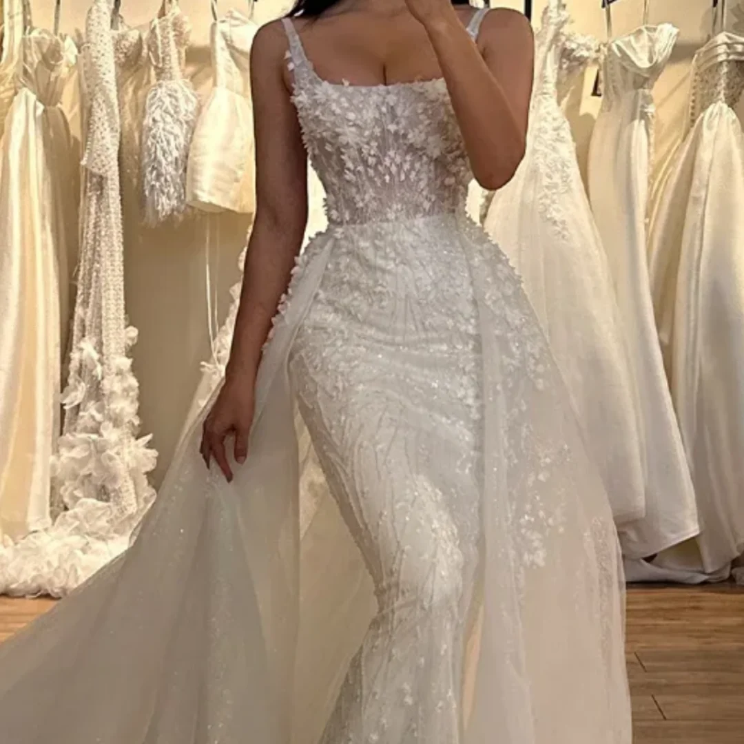 Detachable 2 In 1Train Wedding Dresses for Mariages Appliques Suqare Collar Mermaid Spaghetti Straps Lace up Bride Dress Customi