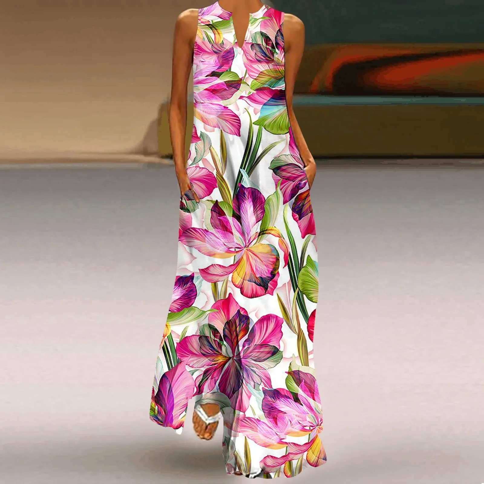 Frisches, großes Blumendruck-Hohlkleid mit V-Ausschnitt, ärmelloses Sommerkleid, lockeres langes Kleid, modisches Maxikleid, geeignet für lässige Anlässe