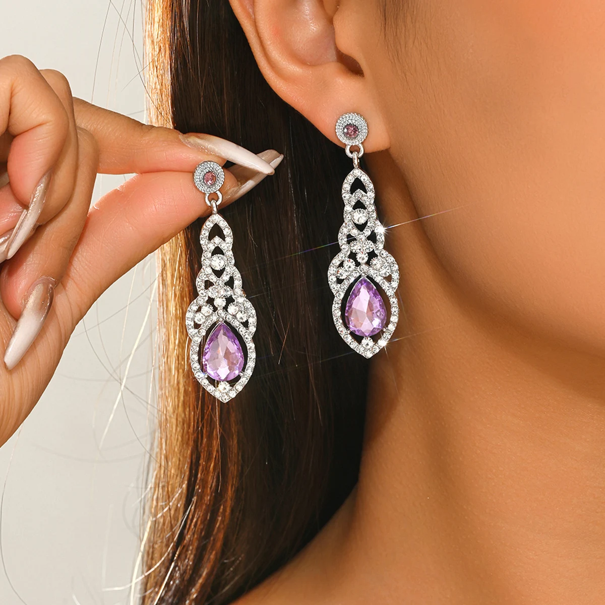 BLIJERY Fashionable Elegant Light Purple Waterdrop Earrings Luxury Diamond Crystal Shiny Ear Jewelry for Evening Parties Stage