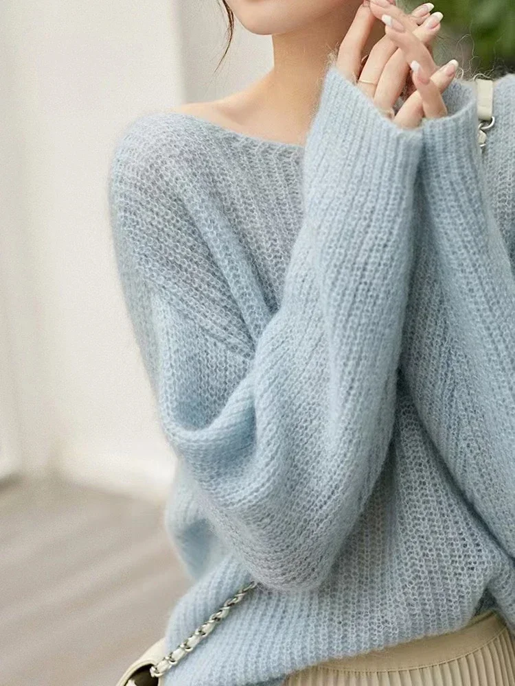 Elegant See-through Women Sweater Pullover Loose  Autumn Winter Soft Warm Women Knitwear Sweater Basic Solid Cashmere Tops