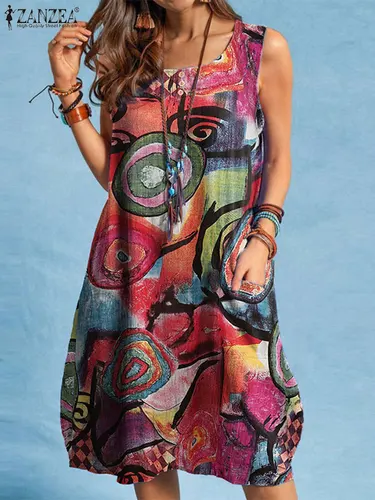 Imagen 2 del producto ZANZEA-Vestido sin mangas con cuello redondo para mujer, estampado, bohemio, informal, con bolsillos, para fiesta y vacaciones