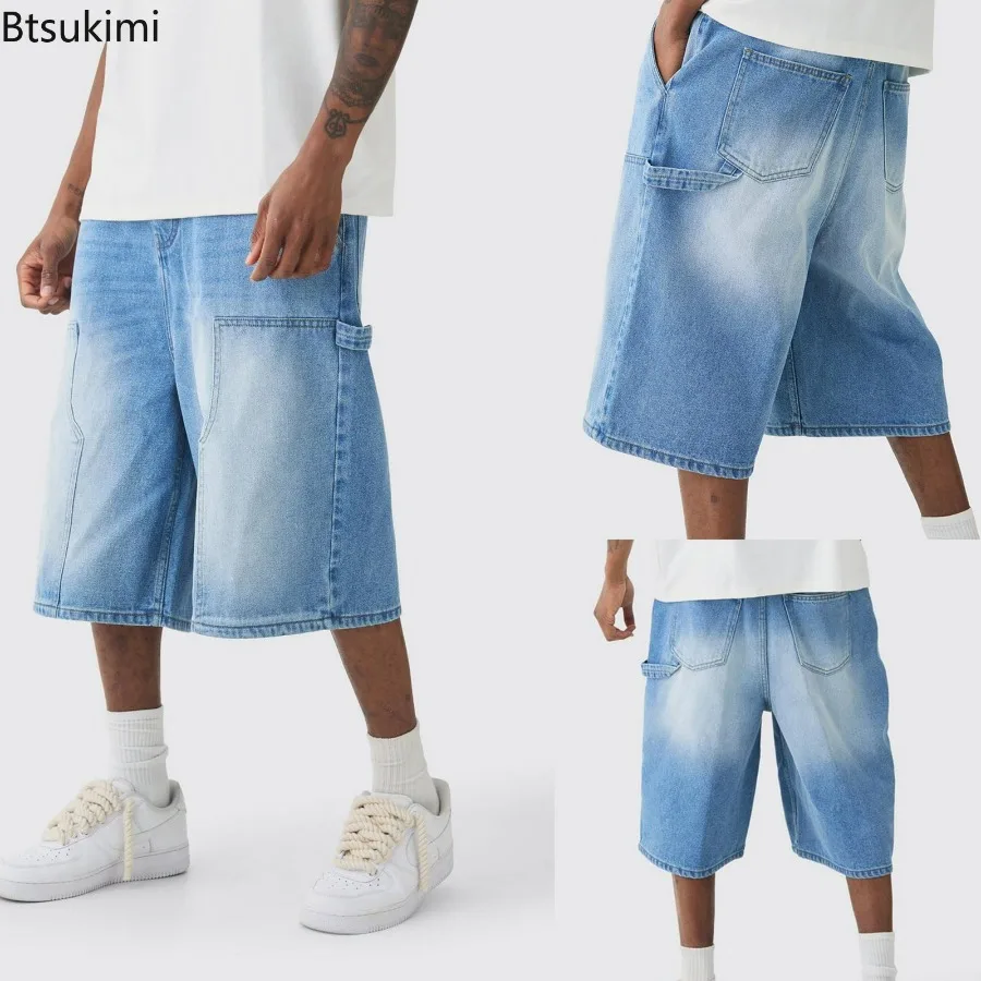 

New Men's Jeans Shorts Strecth Knee Length Washed Vintage Distressed Pockets Summer Short Pants Loose Straight Denims Streetwear