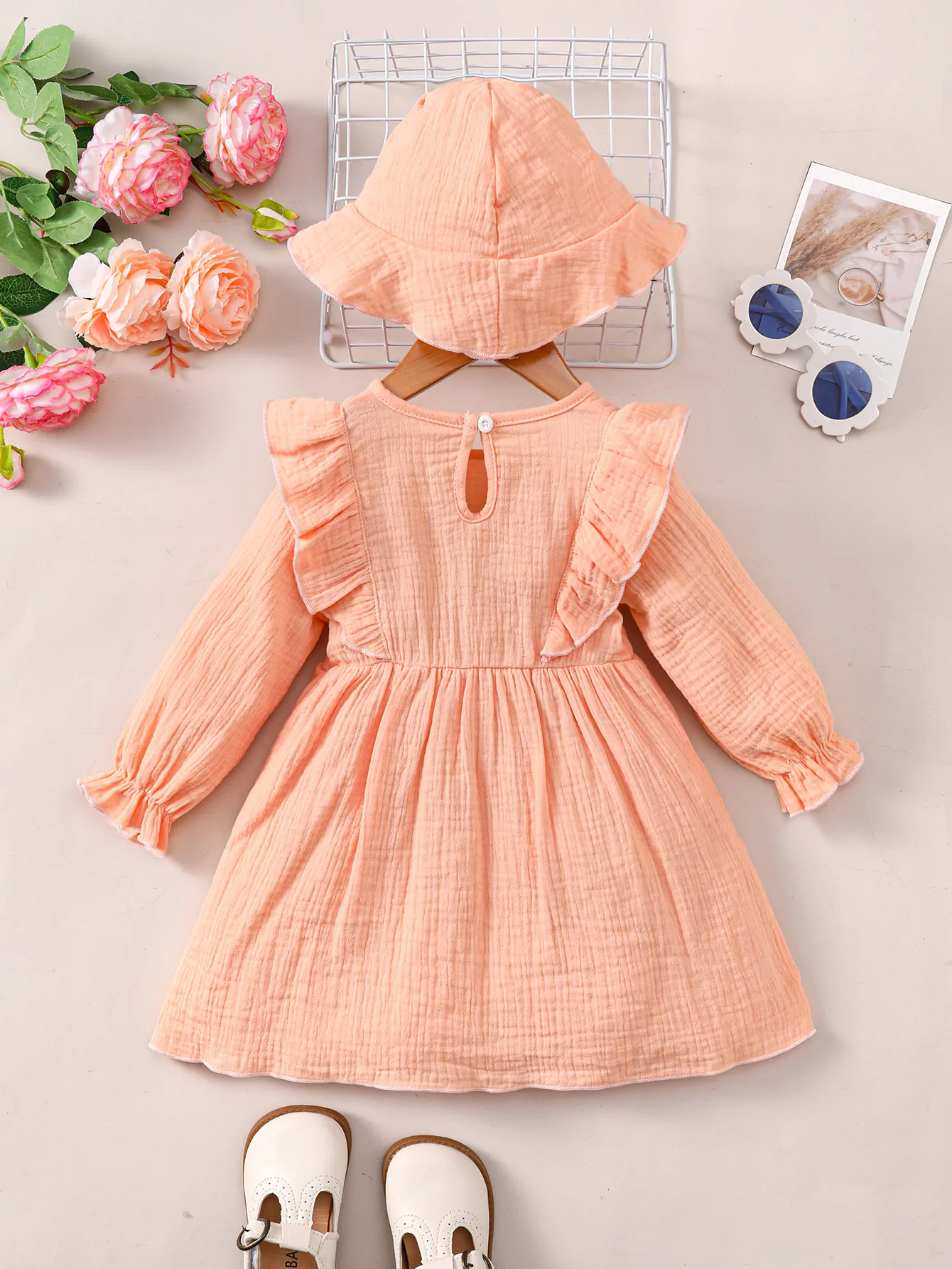 3 Color Cute Dresses for Baby Girls Solid Color Long Sleeved Dress with Two Bows+Hat Autumn Fashion Wear for 0-3 Years Toddlers