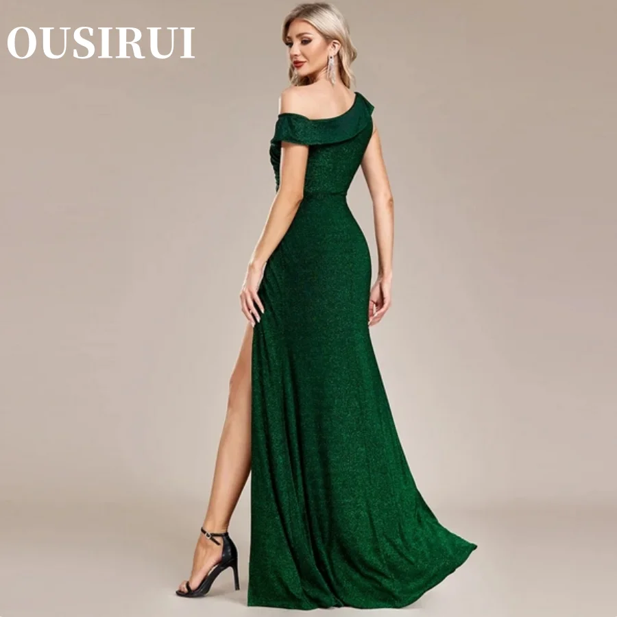 Slit Shiny Silver Thread Elastic Knitting Party Dresss Mermaid Green Long Dress Women Single Shoulder Long Evening Dress Side