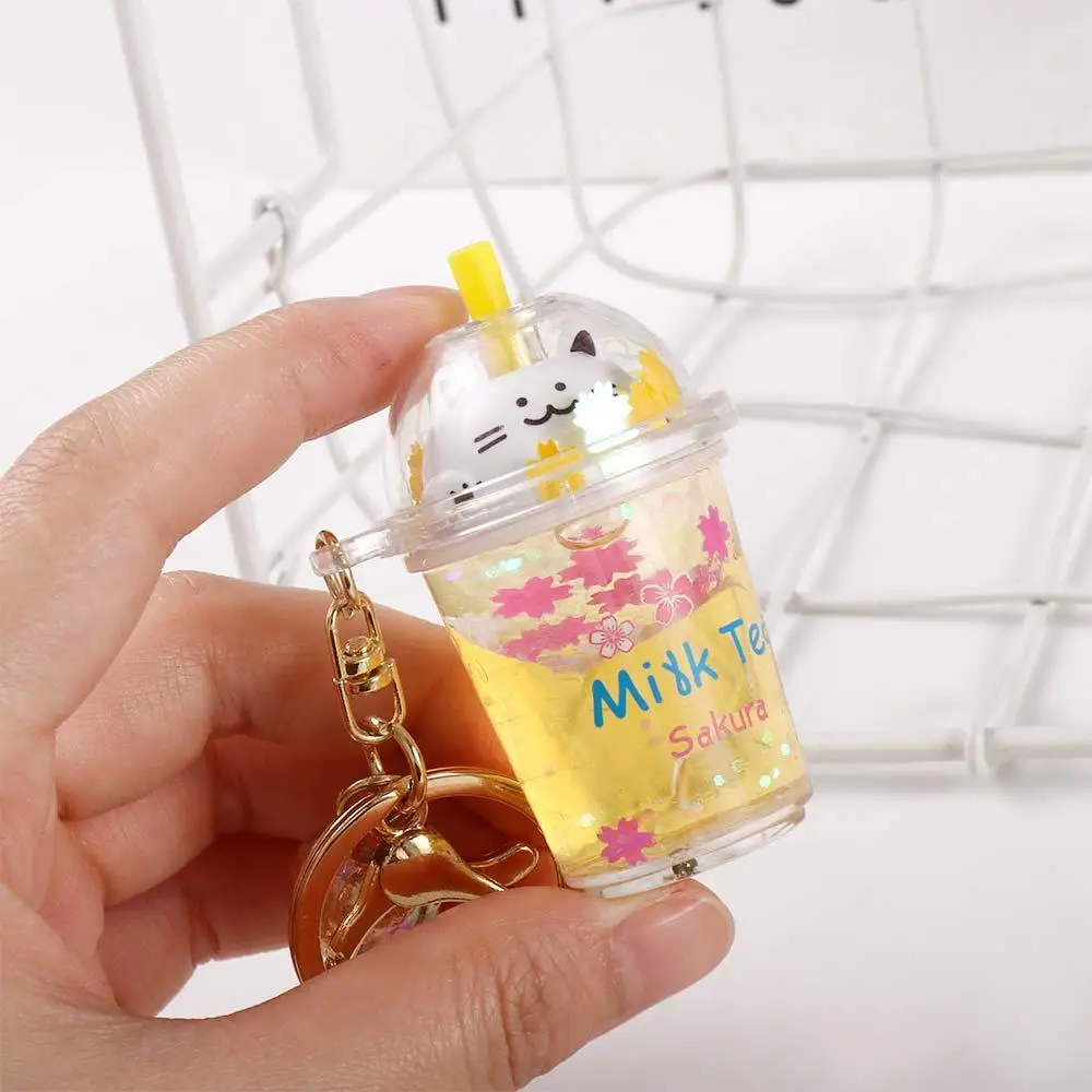 Fashion Gifts Bag Key Ring Cartoon Ornaments Women Kids Milk Tea Bottle Keychain Sakura cat Key Ring Key Holder Car Key Chain