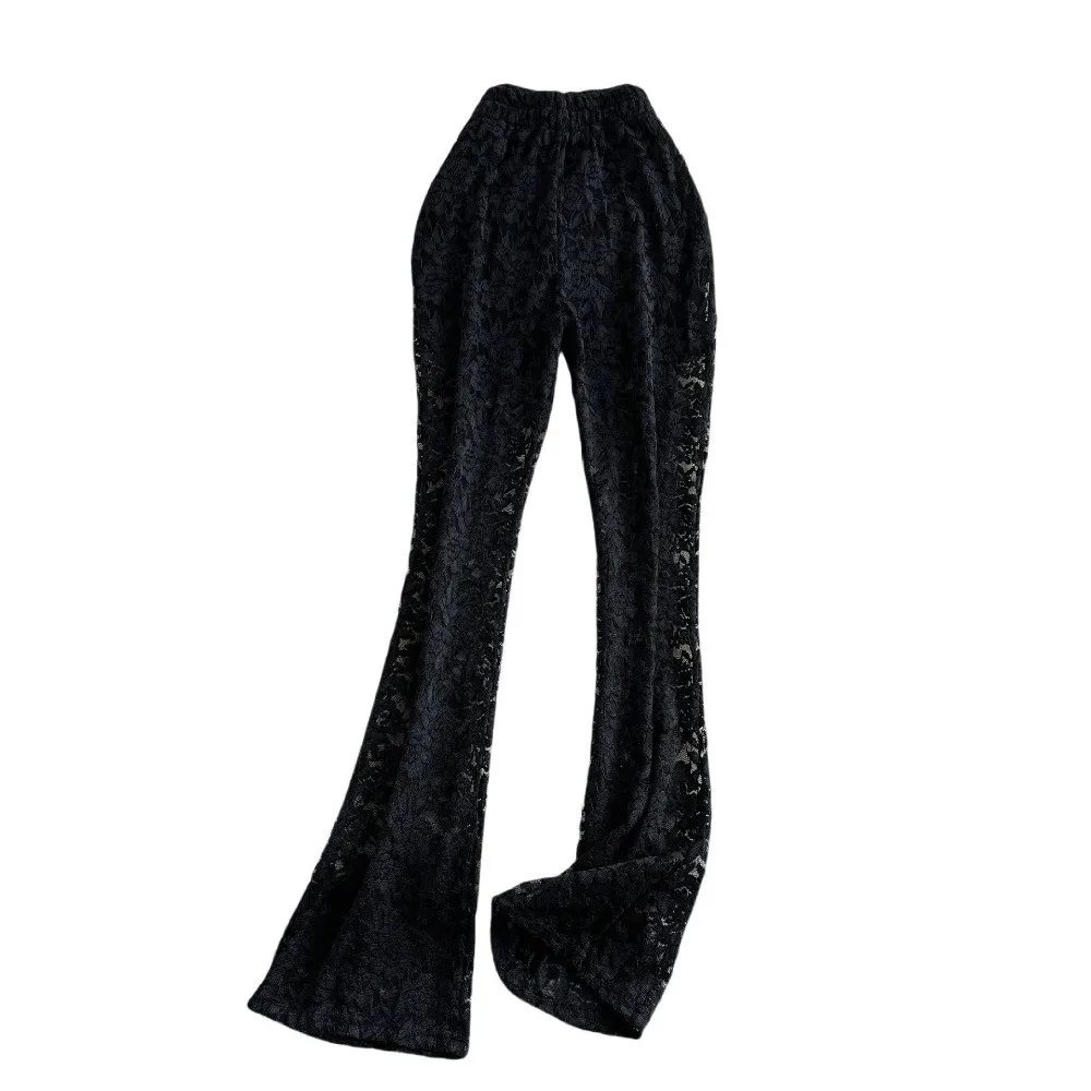 Sexy Hollowed Out Lace Pants High Waist Drape Fabric Straight Flared Pants Loose Wide Leg Shape Slimming Silhouette