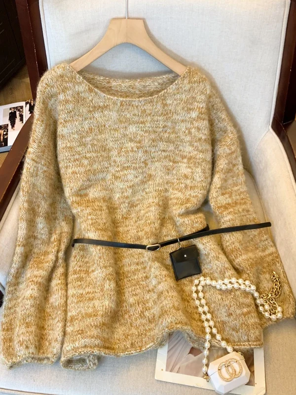 

Women's round Ne Long Sve Knitted Sweater Loose Fit Waist Cinched Autumn Winter New Sle Comfortable Feeling Crew Ne ...