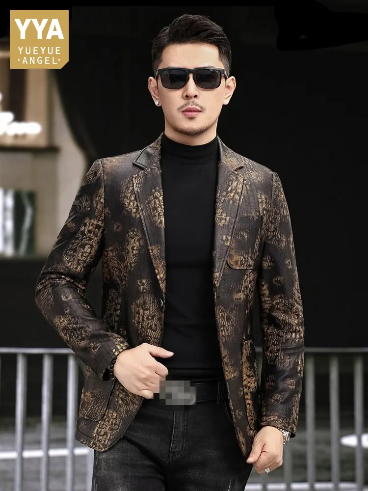 Vintage Printed Sheepskin Genuine Leather Suit Jacket Male Gentleman Slim Fit Office Work Single Breasted Srping Blazers Coat