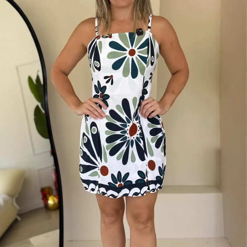 Women's Spaghetti Strap Mini Dress Boho Floral Print Sleeveless Square Neck Casual Beach Sundress