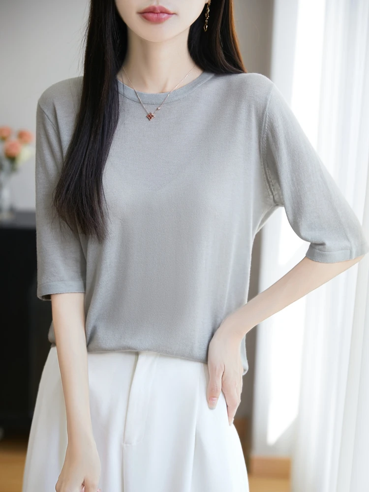 ฤดูร้อนใหม่ผู้หญิง O-คอสีทึบครึ่งแขนน้ําหนักเบา Breathable Pullover Merino เสื้อขนสัตว์สไตล์เรียบง่าย Basic Tops