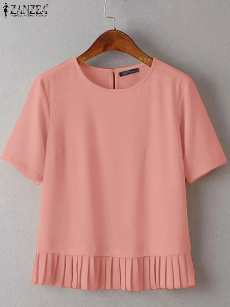 Camicette estive a maniche corte ZANZEA Tunica solida da donna Top Camicia da lavoro casual alla moda Elegante O Collo a pieghe Blusas Chemise allentato