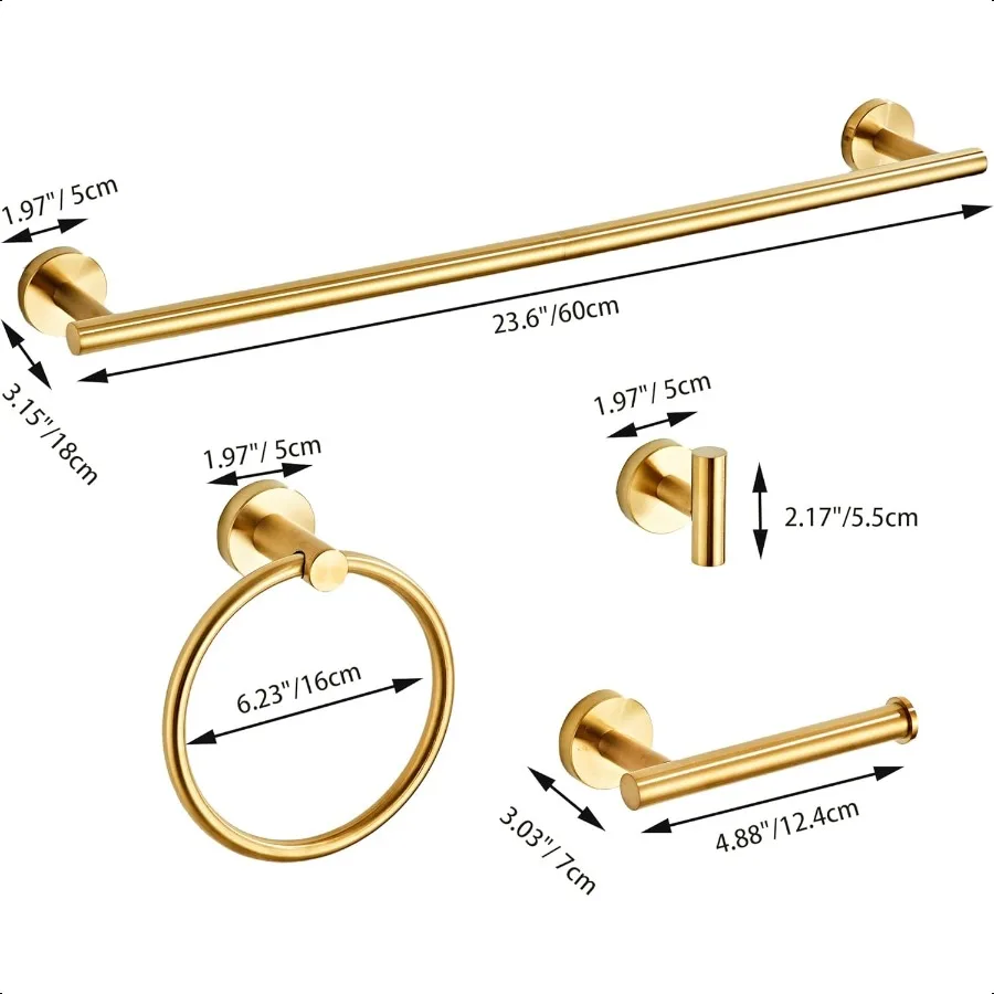 Brusehd Dark Gold Bathroom Hardware Set 5 Piece with Towel Racks for Bathroom SUS304 Stainl Steel Bath Towel Bar Set 24 Inch Wa