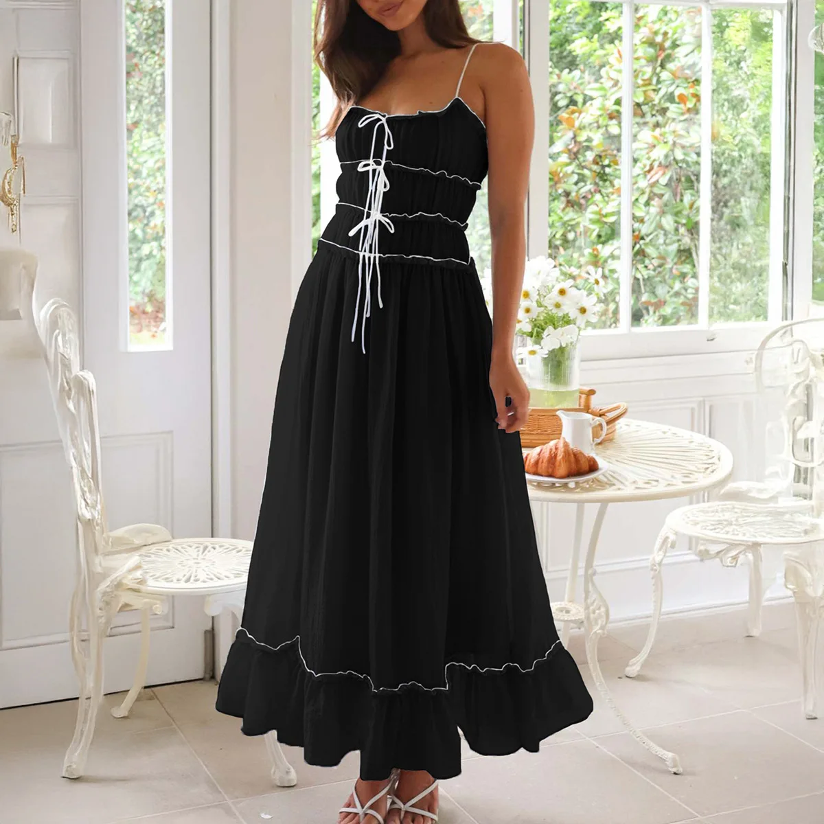2025 Dress Women Female Clothing Spring Summer A-line Dress Casual Vacation Lace Splicing High Waist Halter Dresses for Women