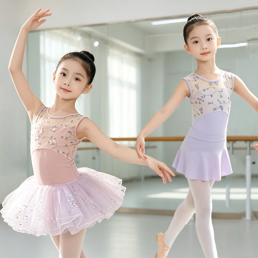 Girl Sleeveless Embroidery Ballet Dance Leotard With Skirt Outfit Gymnastic Training Workout Performance Bodysuit Tutu Skirt Kid