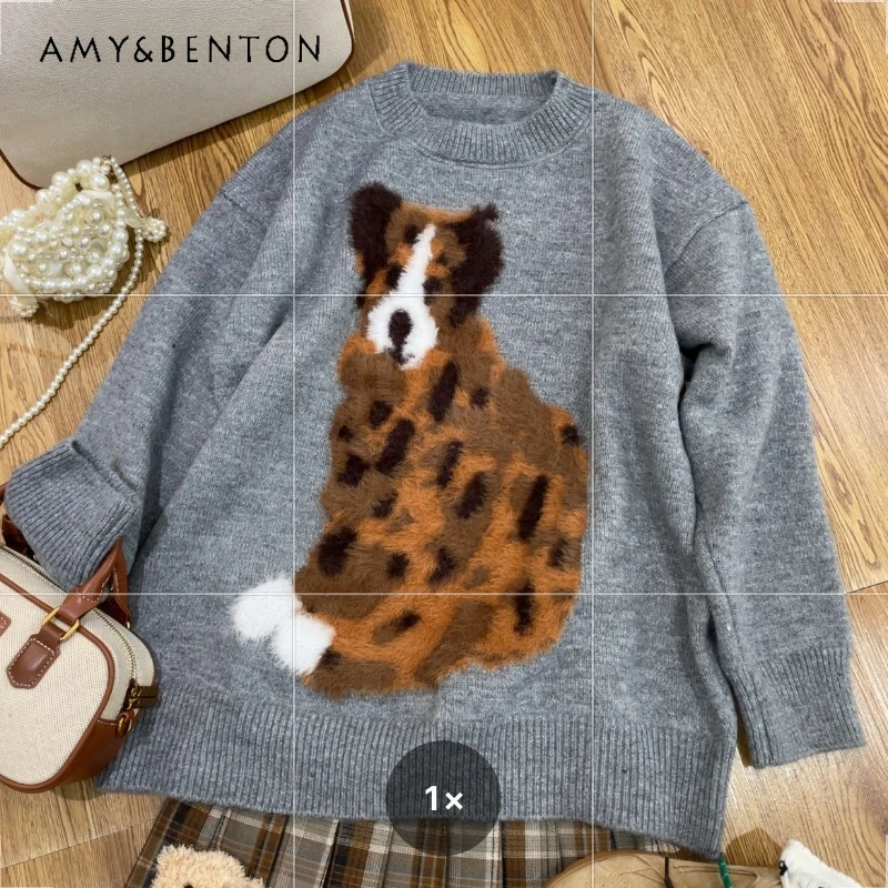 

2024 Autumn And Winter New American Retro Knitwear Round Neck Imitation Mink Cartoon Jacquard Outer Wear Couple Pullover Sweater