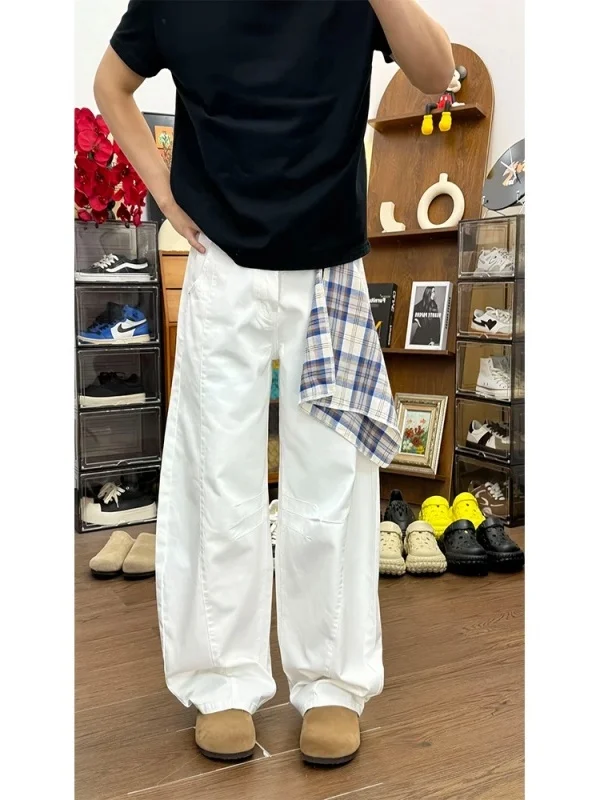 

plus Size Men's Loose Wide Leg Jeans Knife American Retro Plaid Scarf Straight Tube Pants Autumn Trendy High Waist Jeans