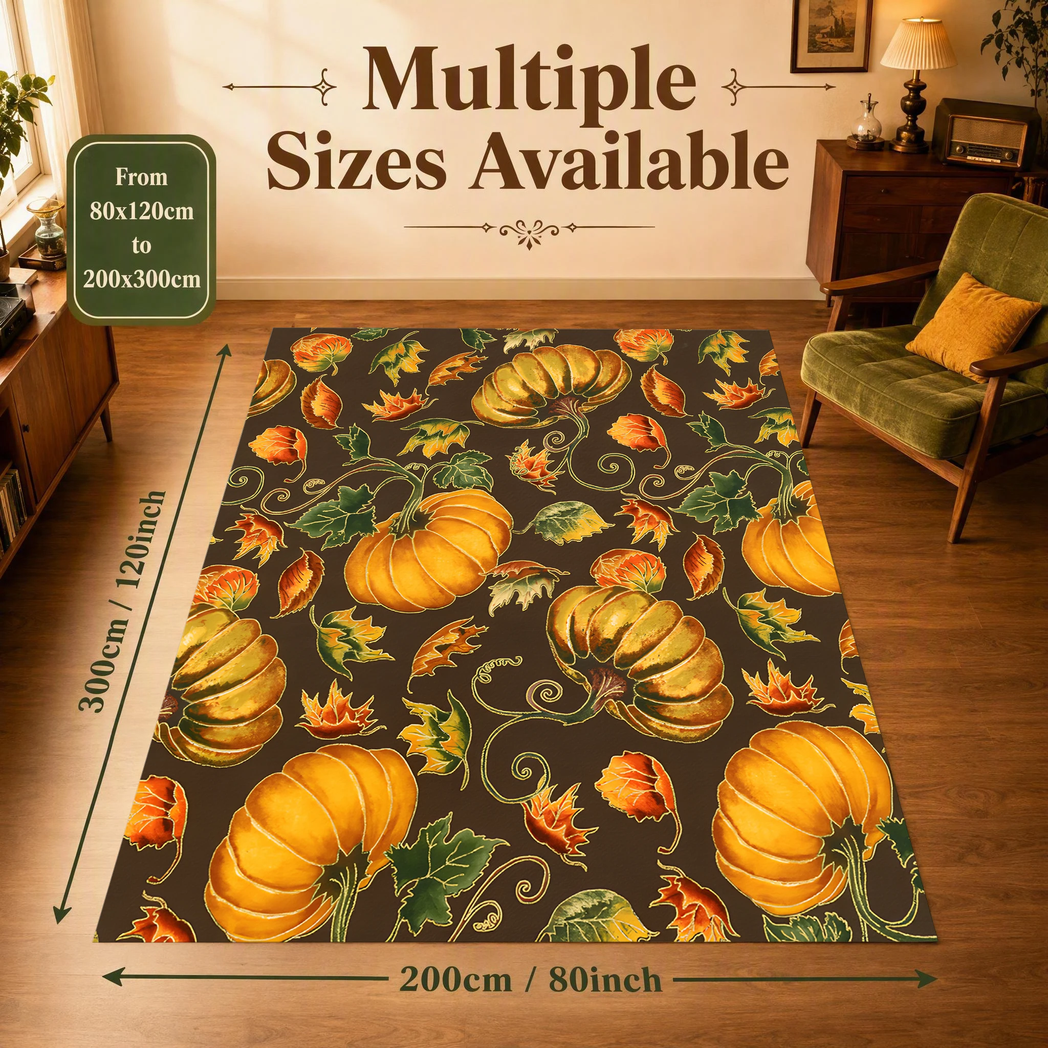 Velvet Rug Warm Gold Pumpkin Vine Autumn Leaf Retro American for Living Room Bedroom Entryway Decor