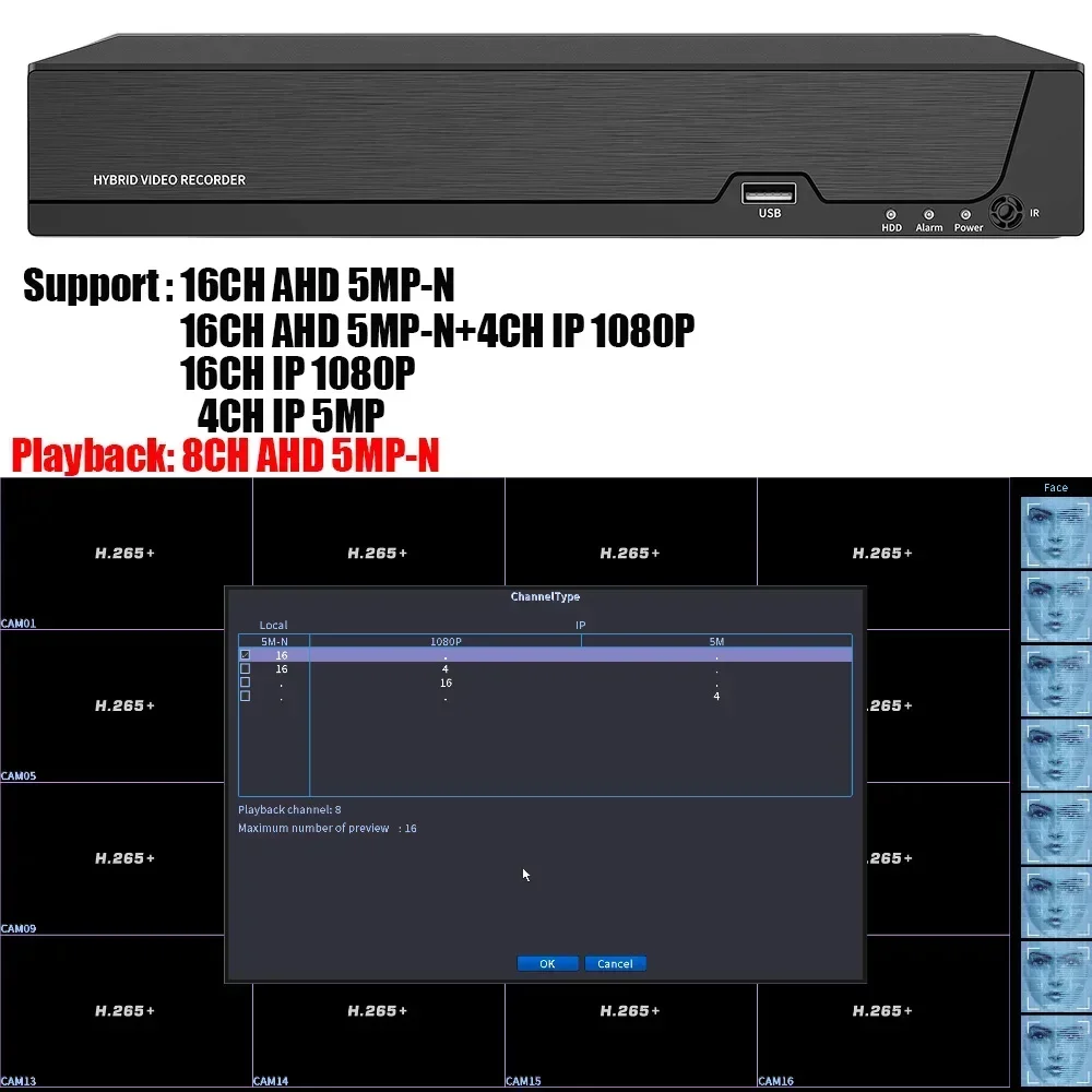 16CH 8CH 4CH 5MP-N AHD DVR AI H.265 Hybrid 5 Megapixel NVR Digital Video Recorder for 2MP 5MP AHD/TVI/CVI/XVI/IP Cameras