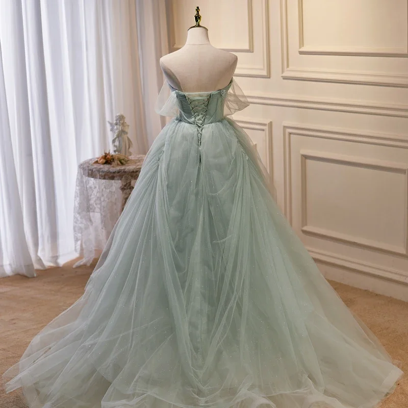 Evening Dresses Green Tulle Strapless Beads Short Sleeve Lace Up Floor Length Plus Size Party Formal Ball Gowns Customization