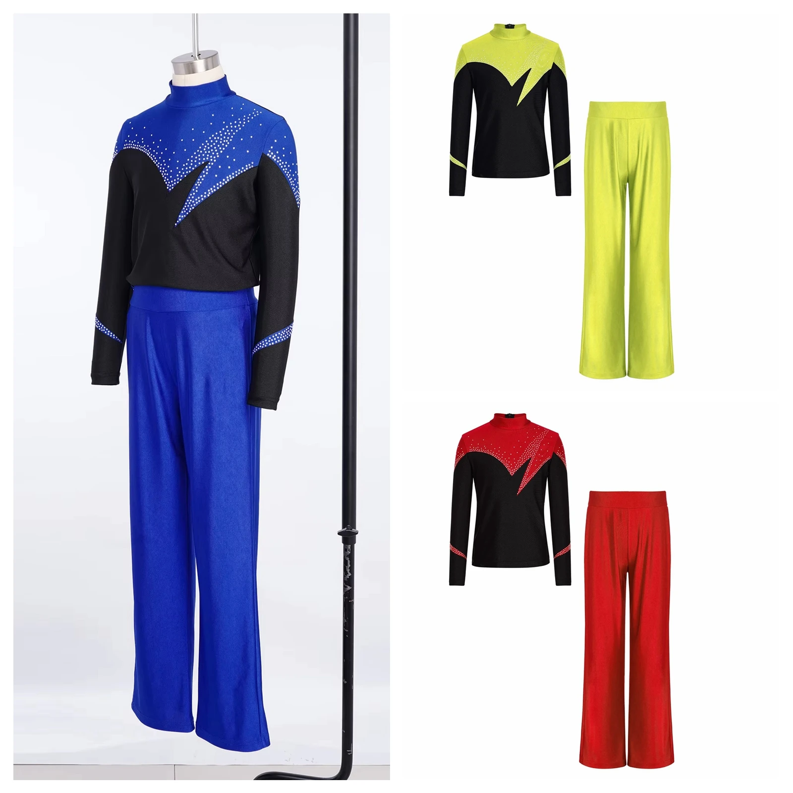 

Kids Boys Figure Skating Outfit Mock Neck Shiny Rhinestones Top + Pants for Performance Competition Artistic Skating Clothes Set