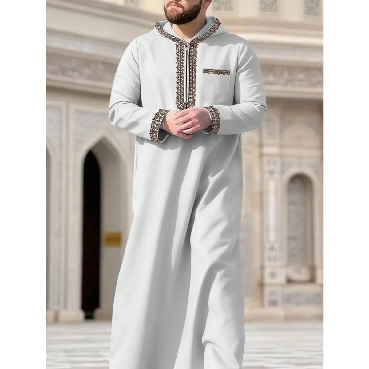 New Muslim men's long robe, Islamic hooded ethnic clothing, elegant retro MiddleEastern embroidery men's simple casual long robe
