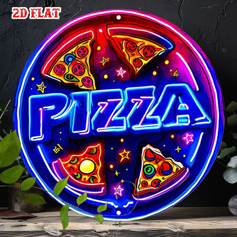 - Vintage 80s Arcade, 2D Flat Glowing Pizza Slice Sign with Neon Letters, Heavy-Duty Aluminum Metal Wall Art, Suitable