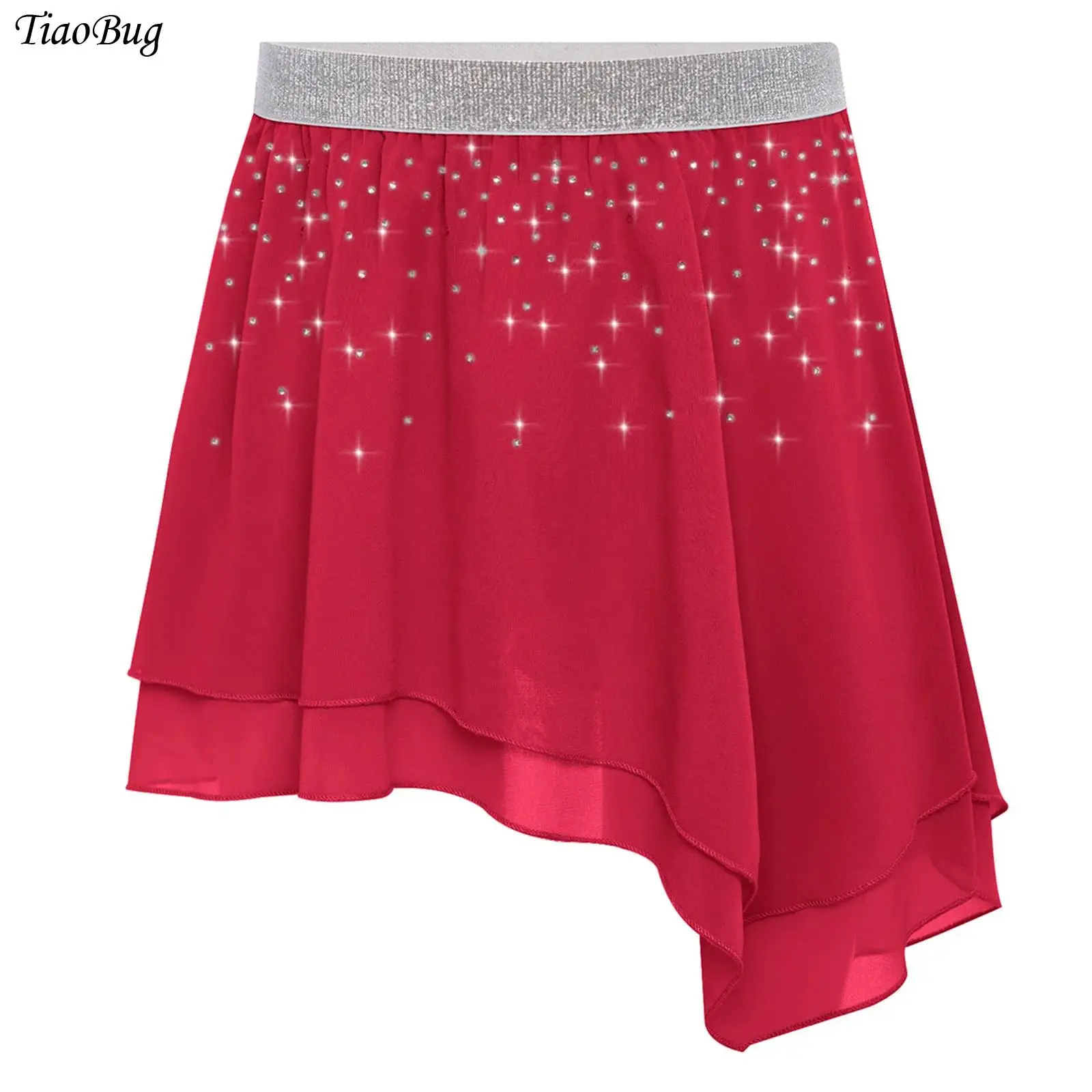 

Kids Girls Chiffon Ballet Dance Skirt Elastic Waistband Shiny Rhinestones Asymmetrical Skirt Figure Skating Performance Costume