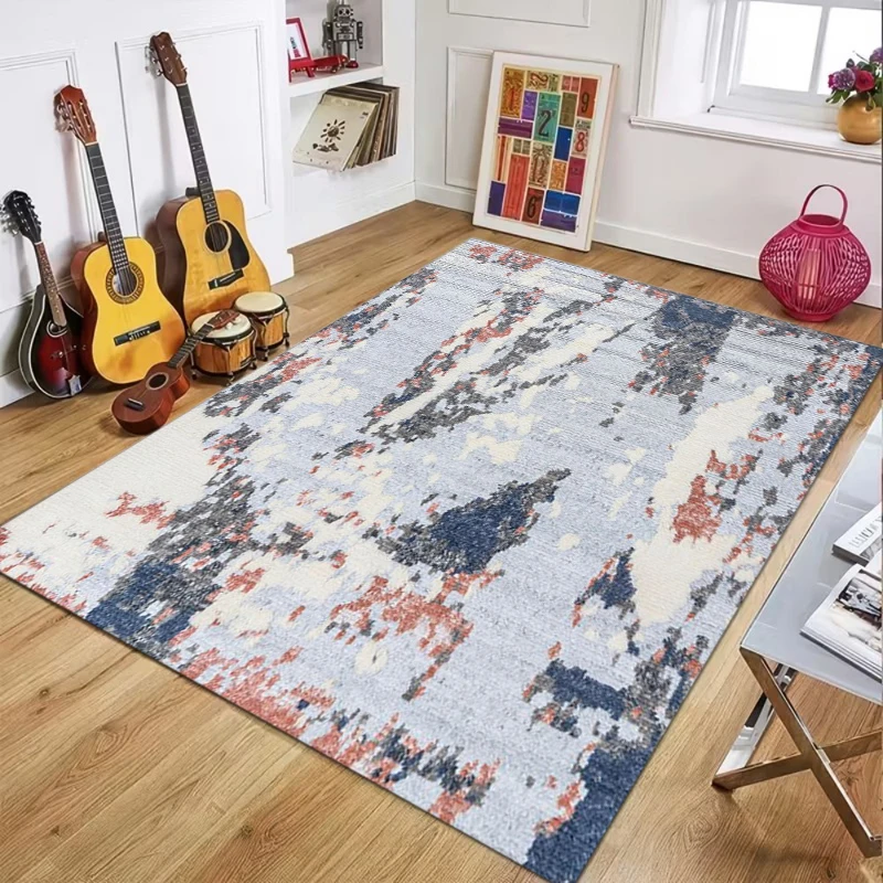 Abstract Watercolor Splash Print Area Rug, Blue and Coral Modern Floor Mat for Living Room Bedroom, Artistic Home Decor Carpet