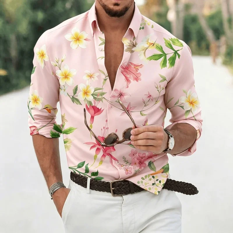 Men's Tropical Floral Print Long Sleeve Shirt, Plumeria & Hummingbird Casual Hawaiian Style Button Down for Spring & Summe