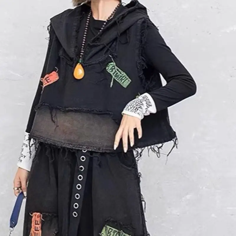 Y2k Hooded Patchwork Denim Vest Sleeveless Patchwork Top Jacket Frayed Edges Fringe Streetwear Hooded Waistcoat Women Tops Trend