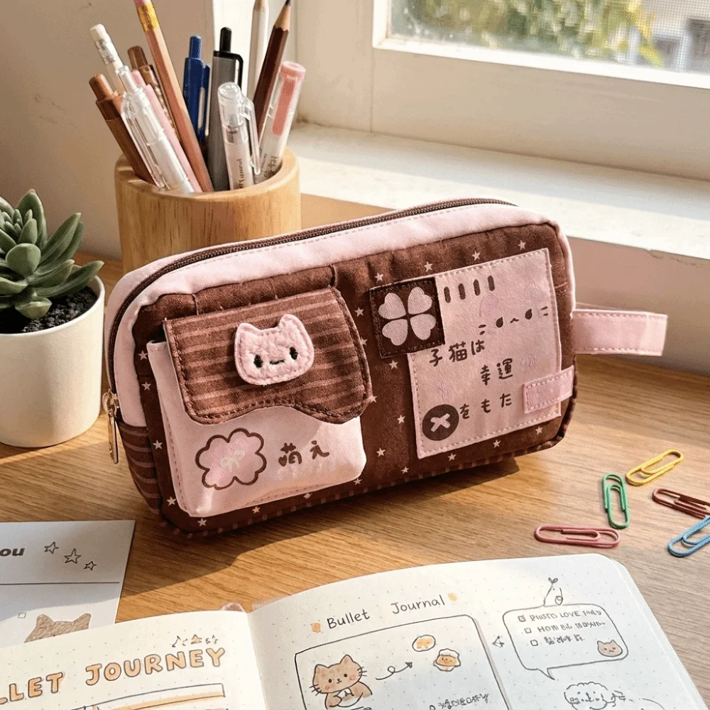 Canvas Cartoon Cat Print Pencil Case Large Capacity Four-Leaf Clover Print Stationery Bag Multi-Pocket Zipper Pen Pouch Student