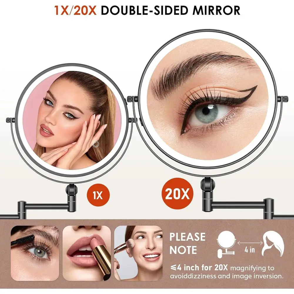 9 مرآة مكياج مثبتة على الحائط مضيئة LED، قابلة لإعادة الشحن بقدرة 4000 مللي أمبير في الساعة، تكبير مزدوج الجوانب 1X/20X، تعتيم باللمس، 360 درجة ° روتاتاب #4