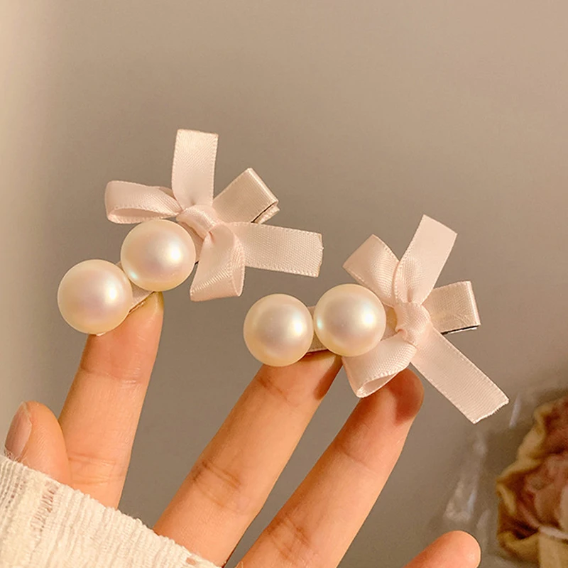 2PCS Korean Style Exquisite Pink Bow Pearl Hairpins Fashion Temperament Duckbill Clip Bangs Clip For Women Girl Elegant Headwear