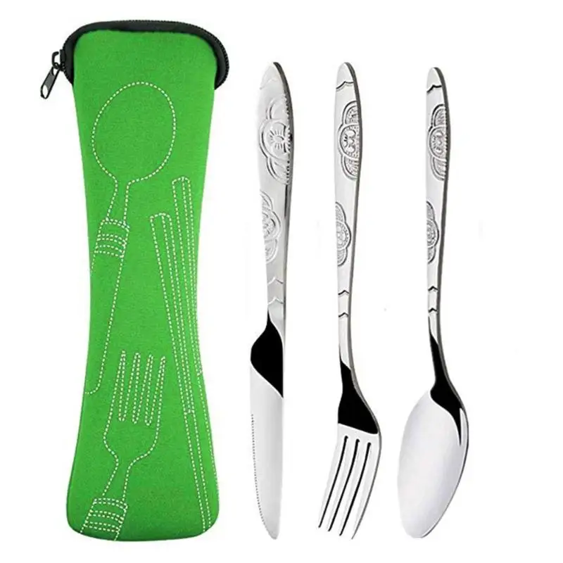 3Pcs/set Stainless Steel Dinner Set Portable Travel Camping Cutlery Tableware Set Dinnerware Case Flatware Kit With Cloth Bag