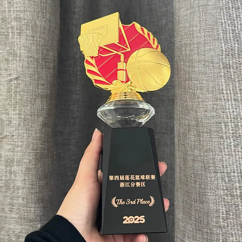 Customized Creative Crystal Trophy, High-End Sports Rewards, Metal Resin Crafts, School Competition Awards Gift, Home Decor, 1Pc