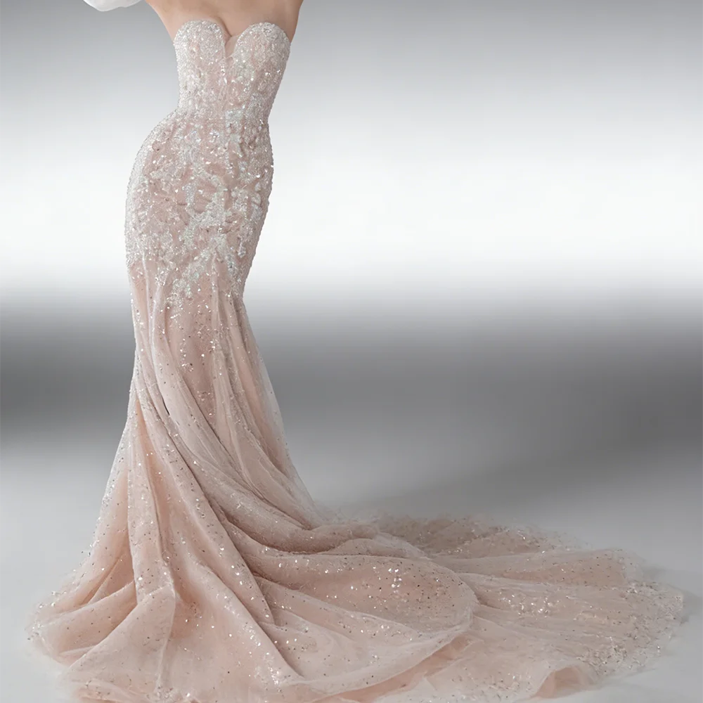 أنيقة الحبيب مطرزة الخرز نفخة الأكمام حورية البحر فساتين زفاف العروس أثواب الزفاف حسب الطلب