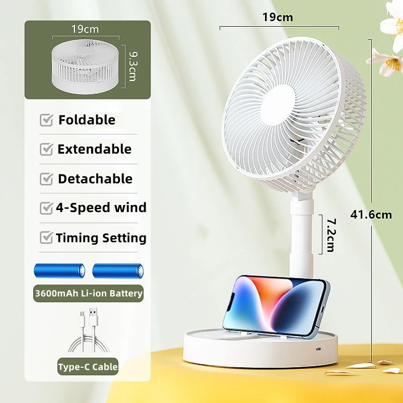 

8-дюймовый портативный Перезаряжаемый вентилятор, Складной вентилятор с 4 скоростями и 8-часовым таймером, Перезаряжаемый USB-вентилятор
