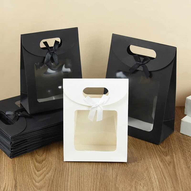 

5Pcs Black/White Gift Bags with Clear Window Kraft Paper Handle Tote Bag Candy Biscuits Cake Packing Box Wedding Birthday Gifts