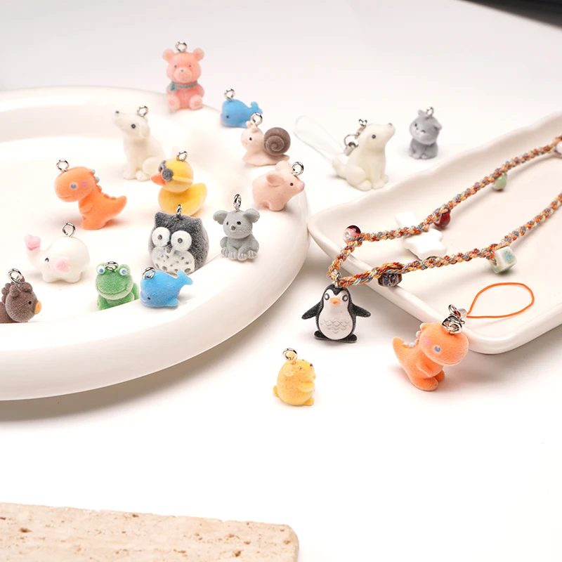 1pc 3D Mini Flocking Rabbit Cat Dog Charms Cute Bear Cow Duck Animal Pendant For DIY Necklace Earring Jewelry Making Accessories