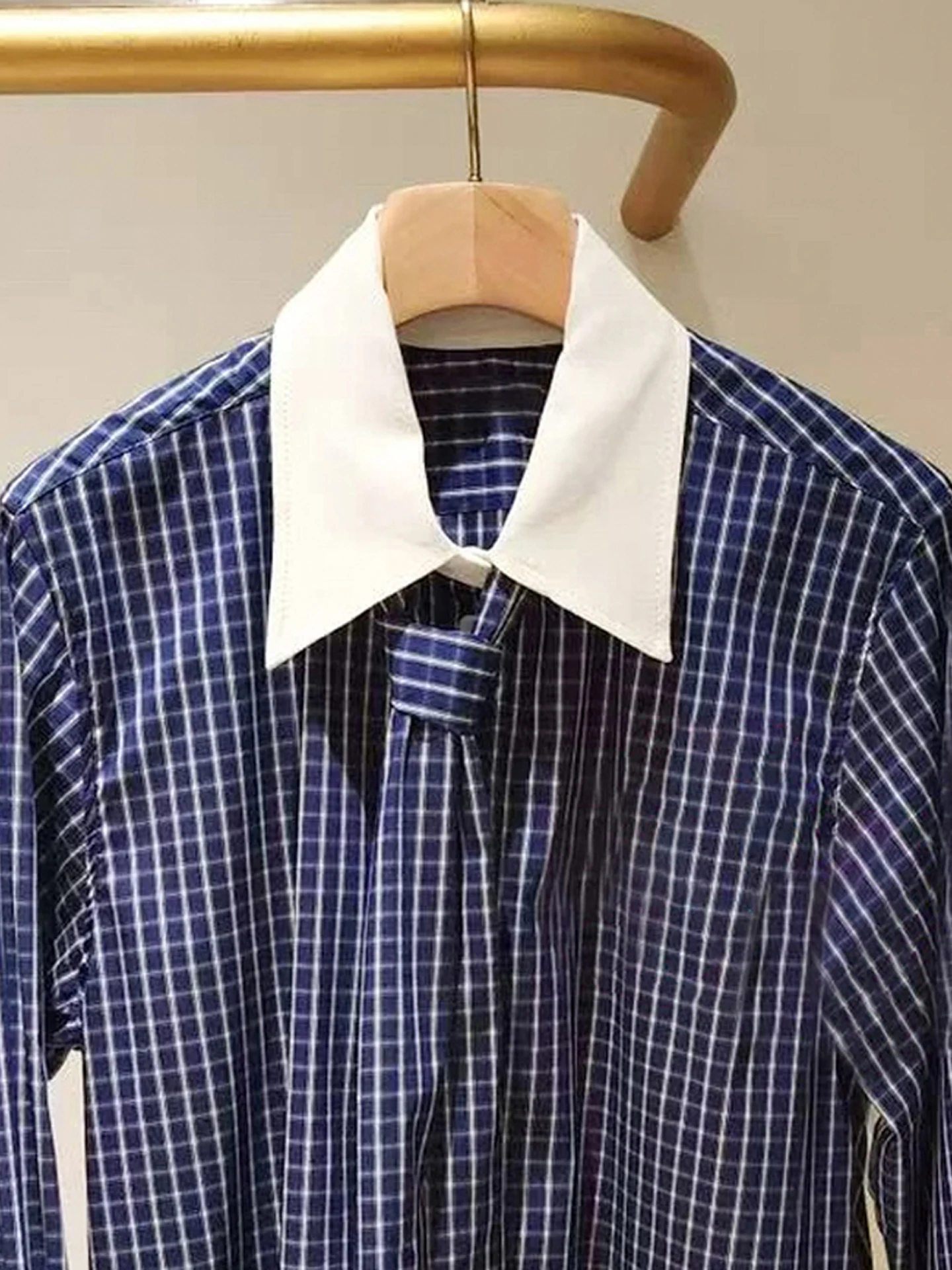 Ele Plaid irt col cravate collège Sle haut pour les femmes automne hiver saisonnier longue Sve décontracté confortable ajustement Blouse