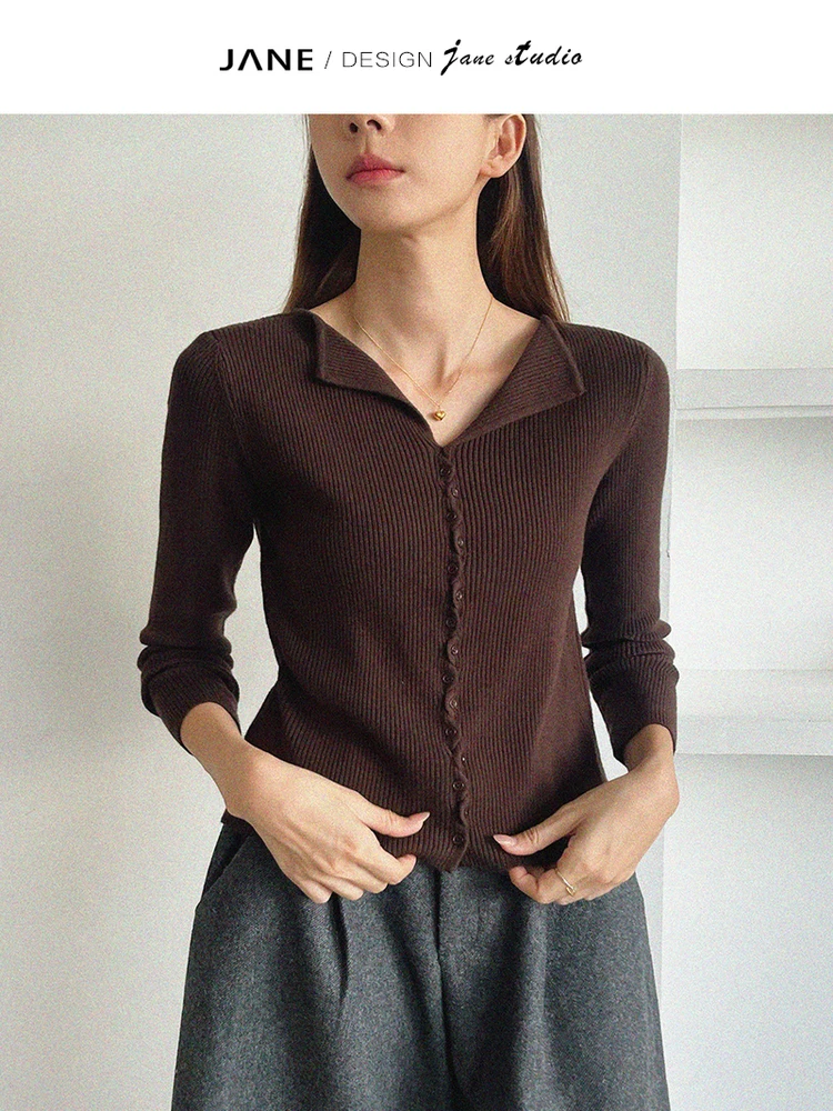 

Женский приталенный вязаный кардиган JANE, кофейного цвета, с отложным воротником, на пуговицах, удлиненный, стильный