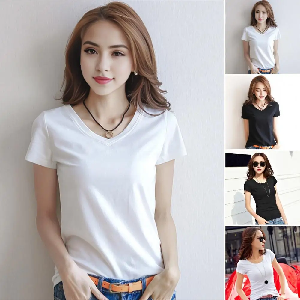 Women Summer T-shirt V-neck Short Sleeve Slim Fit T-shirt Solid Color Pullover Tops Stretchy Bottoming Shirt Streetwear 여성티