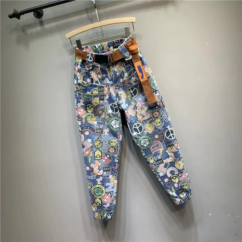 Autumn New Personality Cartoon Denim Harlan Pants Large Size Elastic Waist Streetwear Women Jeans Loose Ankle-Length Cotton Jean