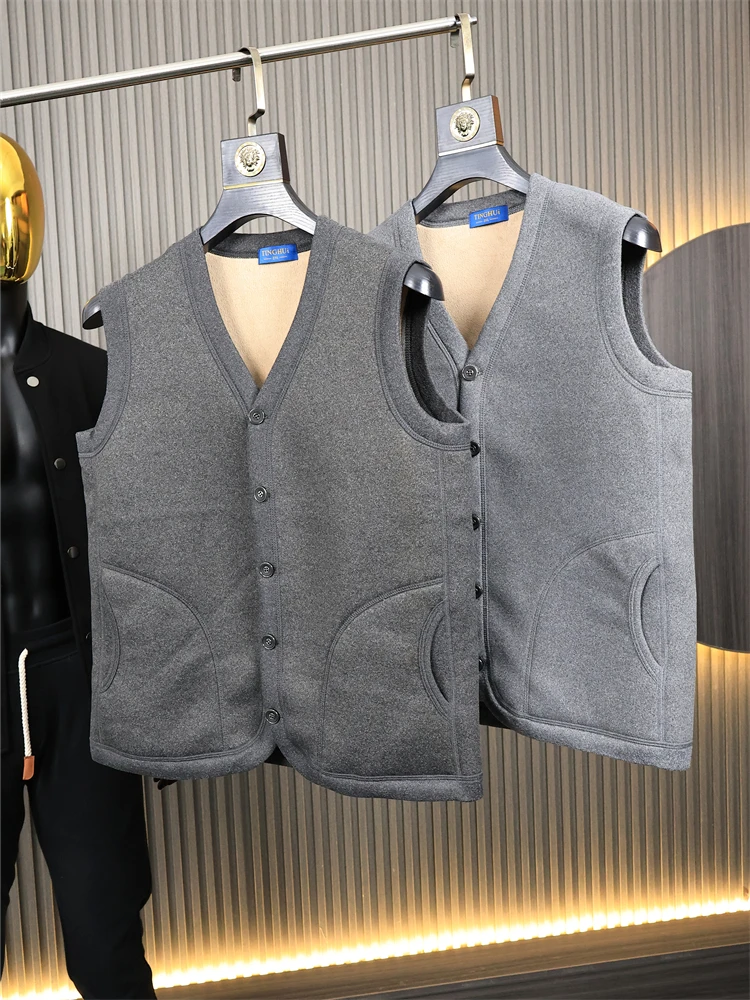 

Thiened Fce Warm Vest Top for Men Windproof Autumn Winter Pure Color Svel Jaet V-ne Stand Fit Faion Urban