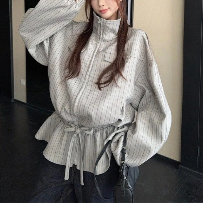 Vintage Striped Lapel Long Sleeve New Cardigan Coat Women Autumn Winter Elegant Jacket Tops